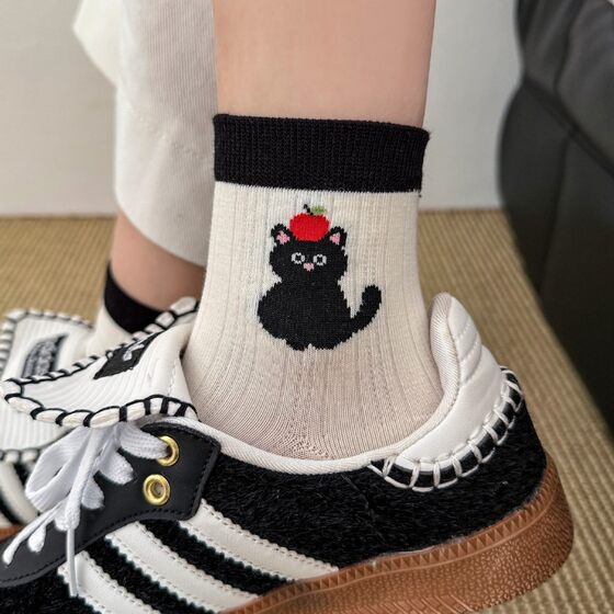 Socks Women's Summer Cartoon Puppy Socks Lightweight Sweat-Absorbing Breathable Soft Waxy Cotton Socks Japanese Style Color Spliced Cute Mid-Tube Socks