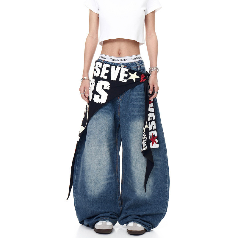 American Retro Butt Curtain Straps Layered Gradient Jeans for Boys Trendy Color Matching Design Loose Wide Leg Pants
