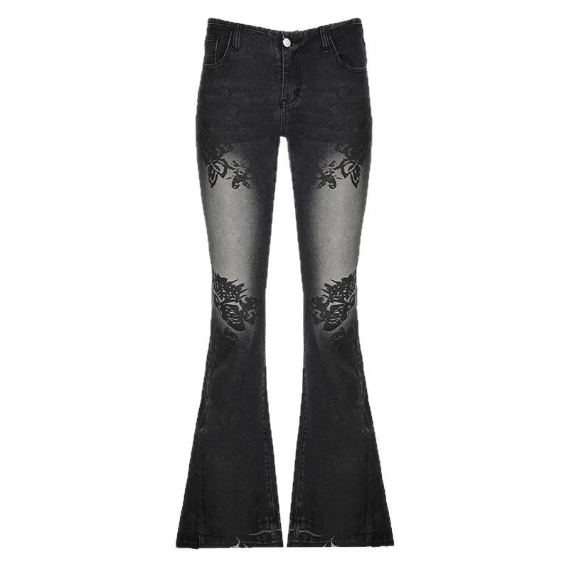 Джинсы в моде Spice Girl Print distressed low-rise, стрейчевые джинсы в ретро стиле, для подчёркнутого субкультурного образа