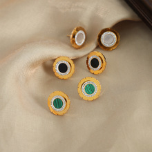 港风简约个性时尚饰品齿轮造型镶钻圆环白贝亚克力松石钛钢耳环