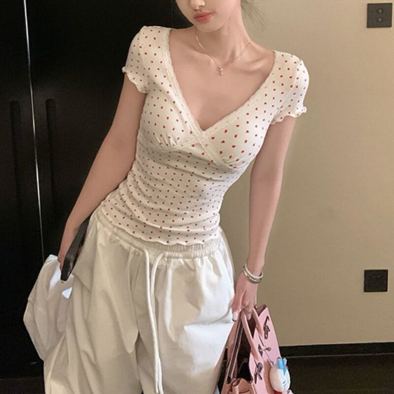 French Style White Lace Dot V-neck Short-sleeved T-shirt Women's Summer Pure Desire Spice Girl Style Slim-fit Short Top