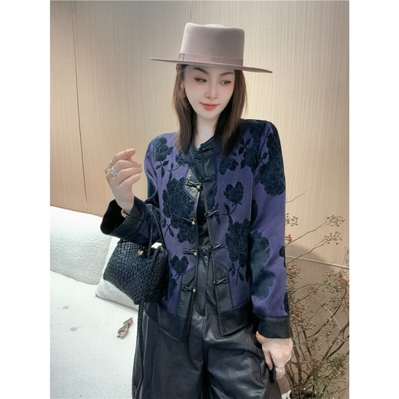 新中式国风提花盘扣外套女2025秋季新款复古PU皮拼接百搭显瘦上衣|undefined