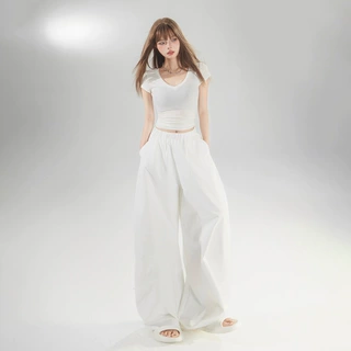 狸舍#美式复古高腰宽松阔腿裤女松紧腰镰刀裤百搭白色弯刀休闲裤