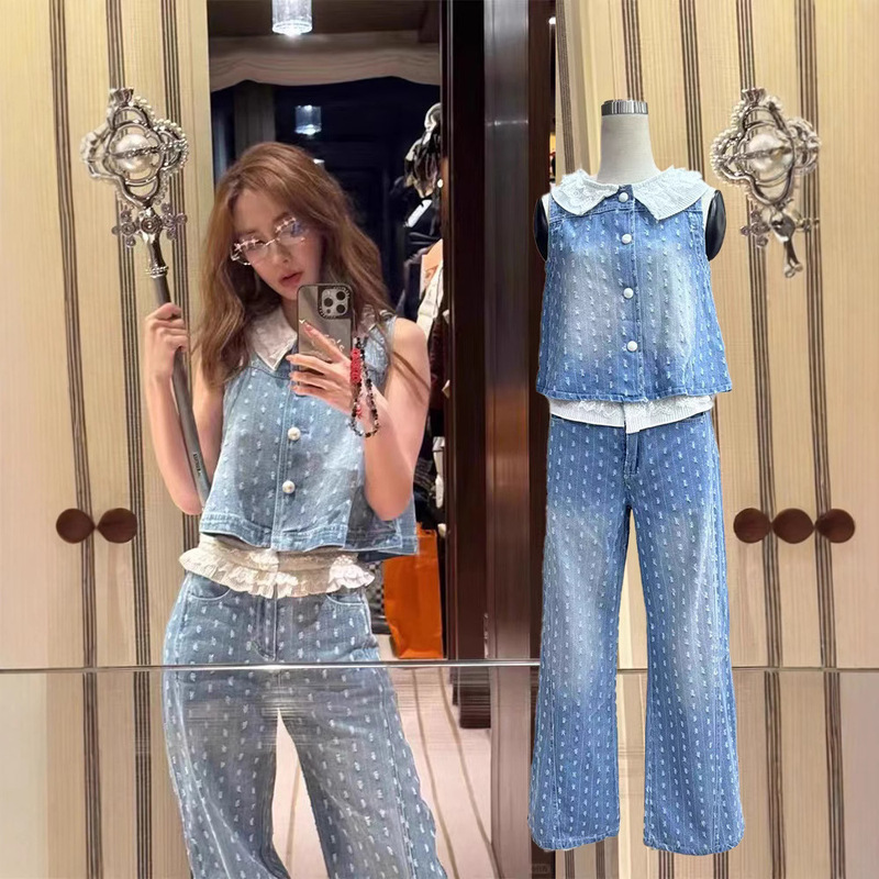 in stock Yang Ying baby with summer new stitching lace collar retro short sleeve Denim vest vest suit women
