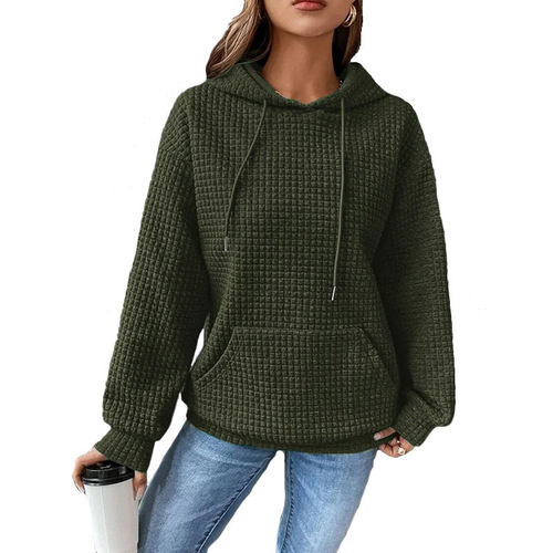 Spring European and American Women's Apparel Honeycomb Crew Neck Long Sleeve Hoodie Solid Color Top for Women