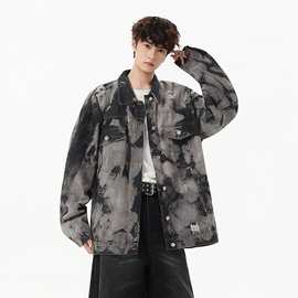 美式复古牛仔外套设计感高街扎染工装夹克ins潮牌宽松炸街牛仔外