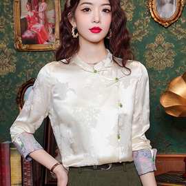 实拍新中式提花缎面衬衫女2025春新款国风小衫设计感斜盘扣上衣