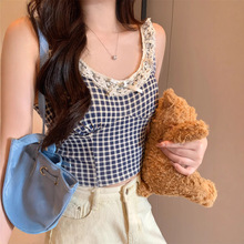 10103#春夏田园新品欧美风女款格纹蕾丝花边蝴蝶结甜美吊带小上衣