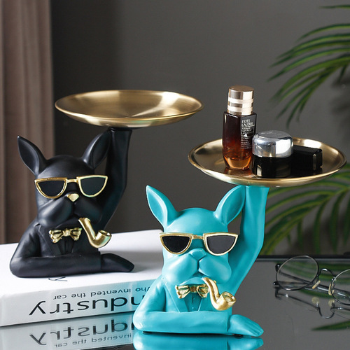 Nordic Style French Bulldog Double Trays Decorative Home Living Room Entrance Key Storage Resin Craft