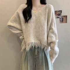 纯色慵懒风流苏毛衣女2025秋冬休闲宽松新款V领小众长袖针织上衣