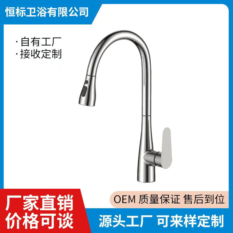 Cross-Border Factory Direct Sales Kitchen Pull-Out Faucet for Household Use, Hot and Cold Water Splash-Proof Retractable Sink Faucet
