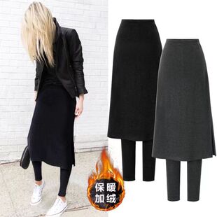 Foreign Trade European and American Style Large Size Autumn and Winter High-Waisted Leggings Skirt for Outer Wear Thickeneded and Velvet/Thin Fake Two-Piece Culottes