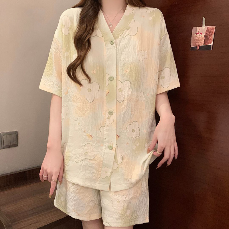 パジャマパジャマ女性の夏半袖 2025 新しいクラウド綿薄いウェアラブルホーム服セット卸売|undefined