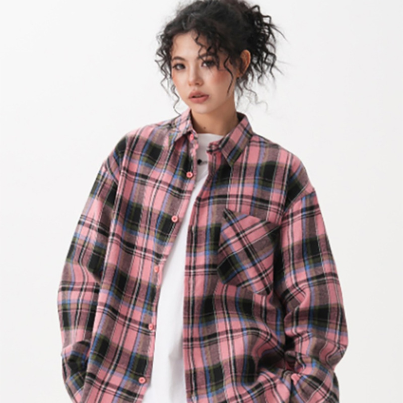 Y2K Retro Plaid Loose Shirt, Women's Korean-Style Harajuku Long-Sleeved Top, Suitable for Going Out for Photos and Shopping