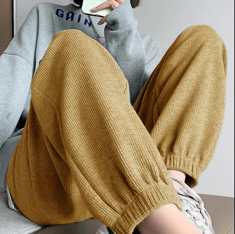 春夏华夫格宽松灯笼高腰女士束脚卫裤休闲大码长裤抽绳运动裤口袋