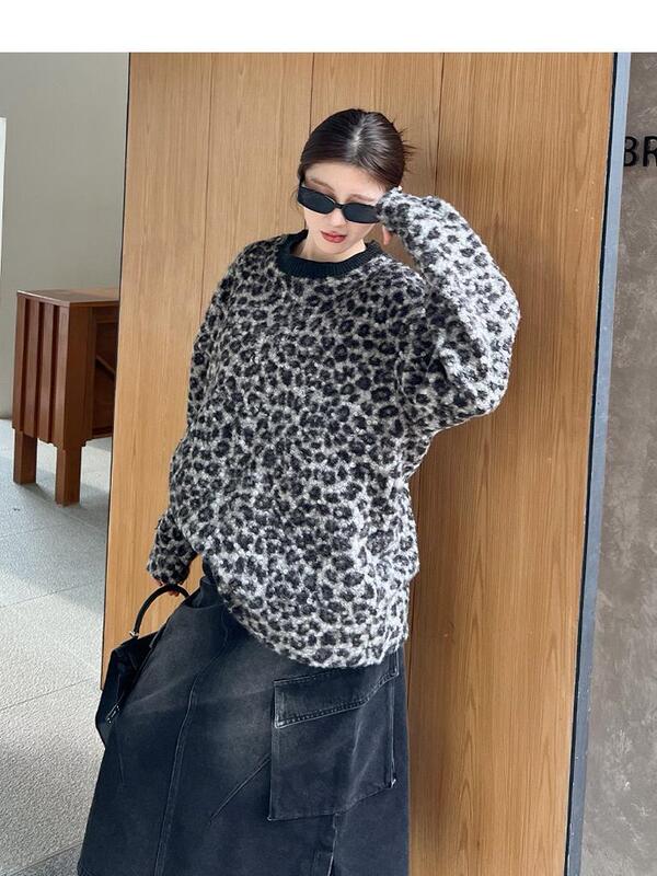 欧货复古豹纹毛毛衫加绒套头卫衣女2024冬季慵懒风宽松休闲上衣潮|undefined