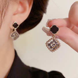 s925银针四叶花耳钉女菱形珍珠钻石耳环时尚轻奢小众设计感耳饰女