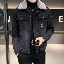 加绒加厚牛仔外套男时尚冬季新款潮流修身帅气羊羔毛棉衣翻领夹克