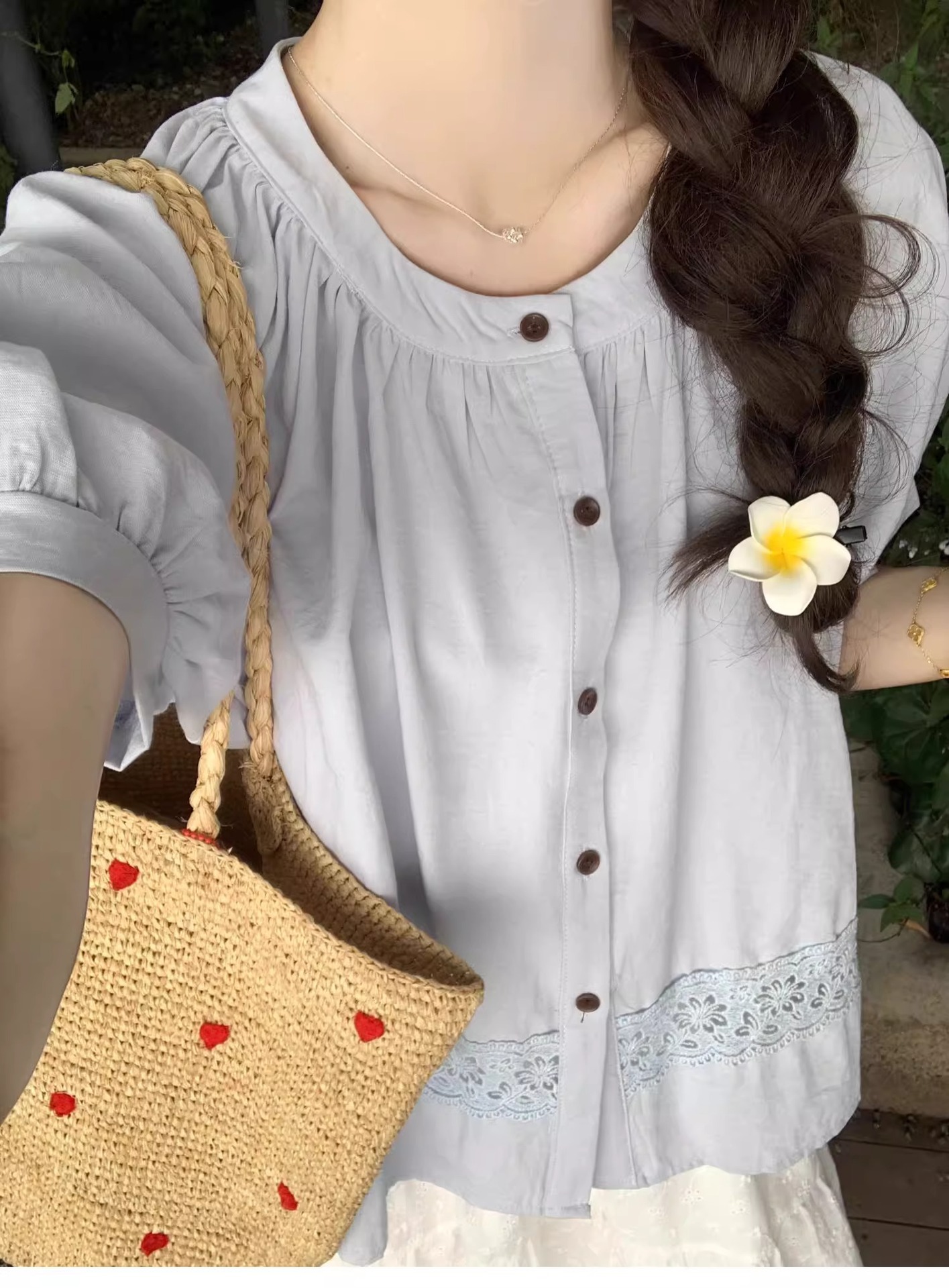 Áo sơ mi babydoll tay phồng vải lanh phong cách Pháp dành cho nữ — Màu xanh lam chi tiết 5