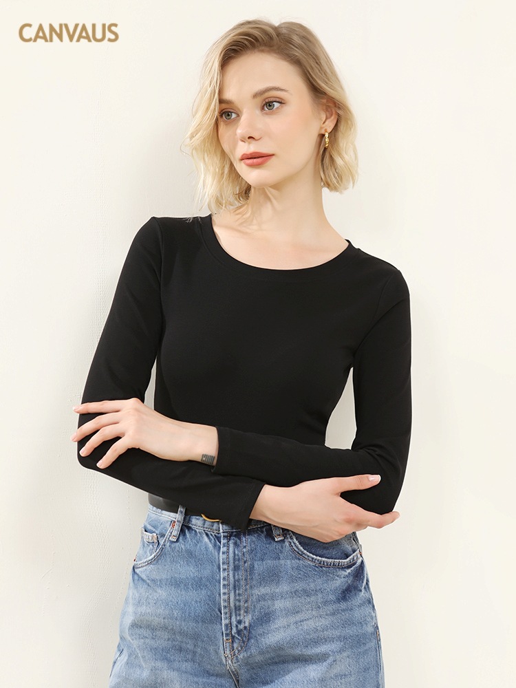 Ropa de Otoño e Invierno para mujer nueva camisa de fondo estilo coreano Cuello redondo para mujer Slim fit adelgazamiento color sólido Algodón elástico desgaste exterior interior superior