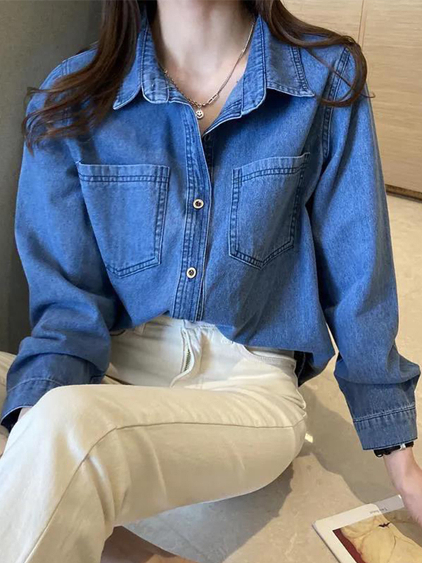 感蓝色牛仔外套衬衫女秋季2025新款上衣衬衣韩系流行穿搭|undefined