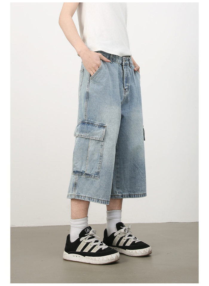 Quần short jean nam ống rộng nhiều túi phong cách hip-hop đường phố, quần lửng mùa hè — Màu xanh lam, Xanh lam làm cũ, Xanh lam nhạt chi tiết 18