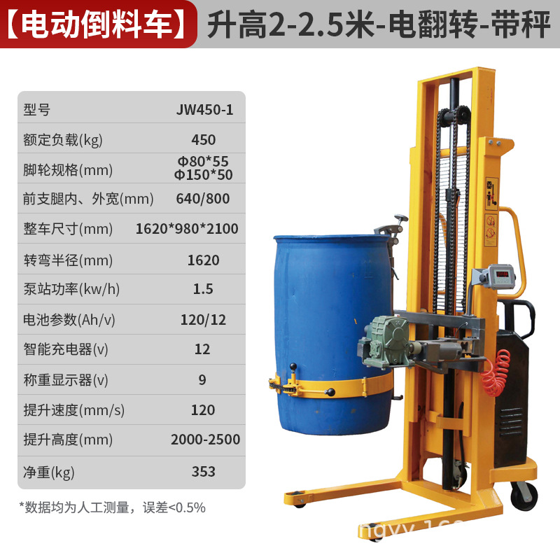 Carrileta elevadora de barril eléctrico de aceite elevación camión de descarga hidráulico de barril de barril de hierro camión de transporte de barril de plástico pesado