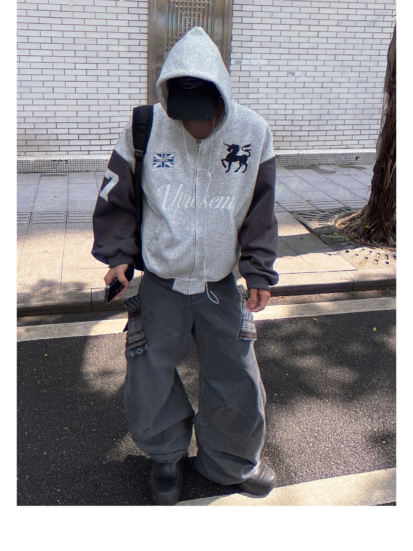 Men's Clothing Unisex Street Style Hooded Cardigan Raglan Sleeve Patchwork Embroidered Loose Casual Top Trendy Versatile Jacket Sweatshirt_viptrois.com