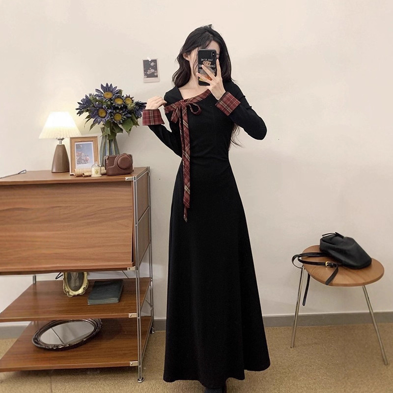 French Hepburn Style Little Black Dress with Bow Long-Sleeved Dress for Women in Autumn and Winter Slimming Look Mid-Length Skirt French Hepburn Style Little Black Dress with Bow Long-Sleeved Dress for Women in Autumn and Winter Slimming Look Mid-Length Skirt