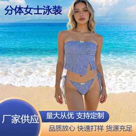 欧美新款泳衣抹胸修身跨境女收腰性感辣妹条纹坦基尼泳装供应