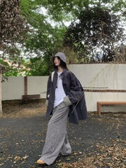 2025秋季新款复古撞色袖子慵懒随意立领宽松中长款风衣外套女chic