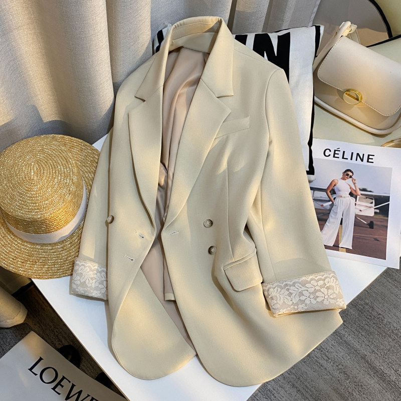 Beige Super Stylish Lace Cuff Design Blazer for Women, 2026 Spring New Fashion Goddess Style Small Suit