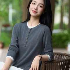 2025秋季新款假两件精纺羊毛衫女设计感洋气百搭休闲针织打底毛衣