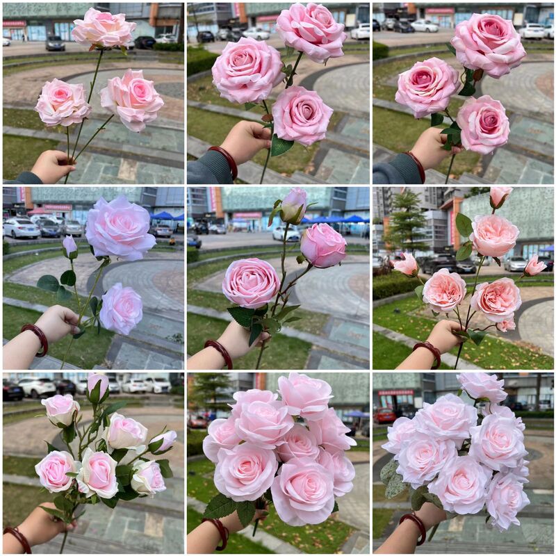 Valentine's Day simulation pink rose manufacturer 3 single branch multi-head rose pink wedding decoration fake flower wholesale