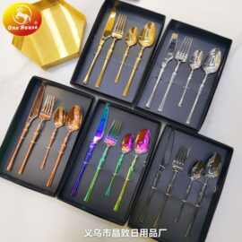 晶致不锈钢430材质彩色柄金色餐具 创意刀叉勺小勺四件套黑盒套装