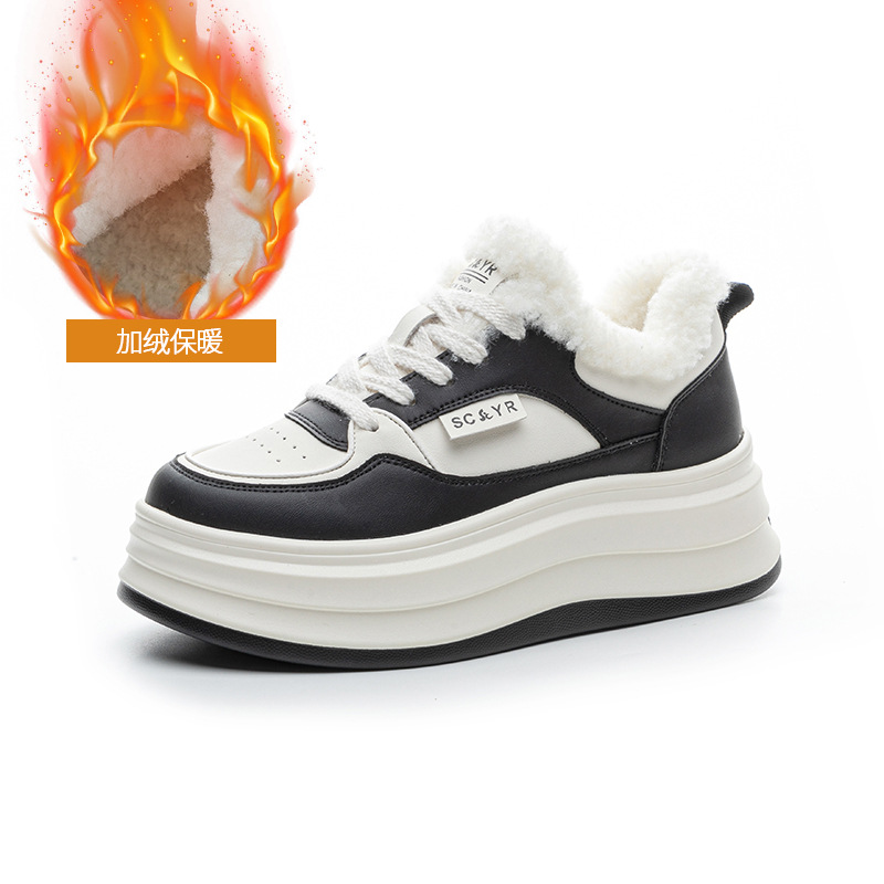 Giày sneaker nữ chunky đế dày mũi tròn lót lông cừu ấm áp mùa thu đông — M2688-1 màu đen lót nhung, M2688-1 trắng be lót nhung