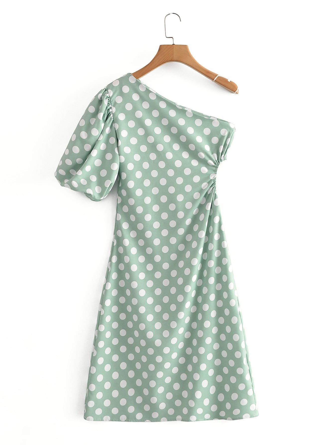 lantern sleeve slim single-shoulder hollow polka dot print dress NSLQS129919