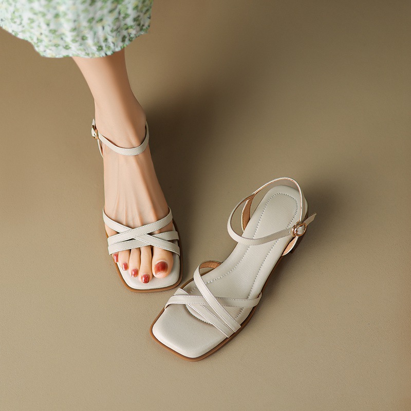 Sandal quai ngang gót vuông hở mũi da bò lớp đầu phong cách La Mã — Màu nâu