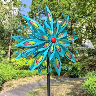 Cross-Border Outdoor Space Art Peacock Style Painted Iron Windmill Hollow Feather Wind-Turning Floor-Standing Plug-In