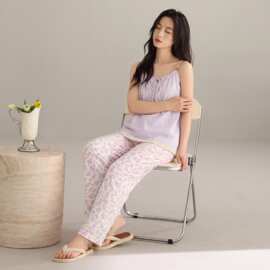 【带胸垫】夏季新款梭织纯棉女吊带长裤睡衣甜美女家居服图片色