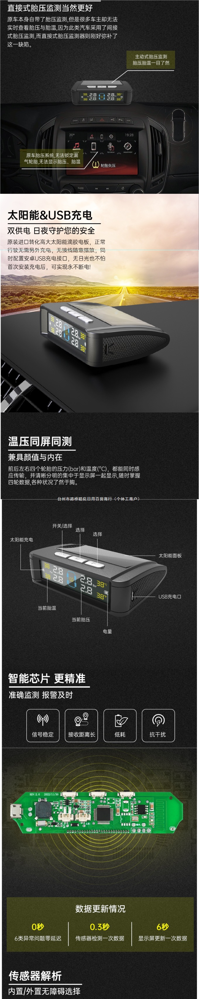 Tire Pressure Monitor Built-In External Universal Car Tire Detection Air Pressure Monitor Wireless Solar High Wholesale