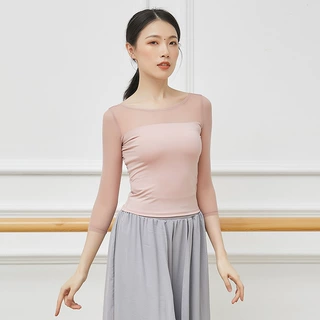 舞蹈服成人女网纱中袖上衣芭蕾舞练功服体操服秋季形体服
