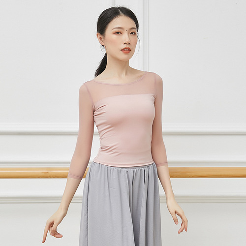 Dance wear for adult women, mesh mid-sleeve tops, ballet practice wear, gymnastics wear, autumn body wear