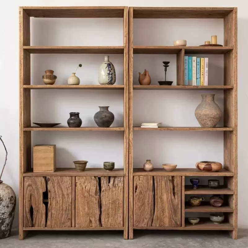 老榆木新中式博古架实木多宝阁收纳架茶叶茶杯展示架书房装饰架