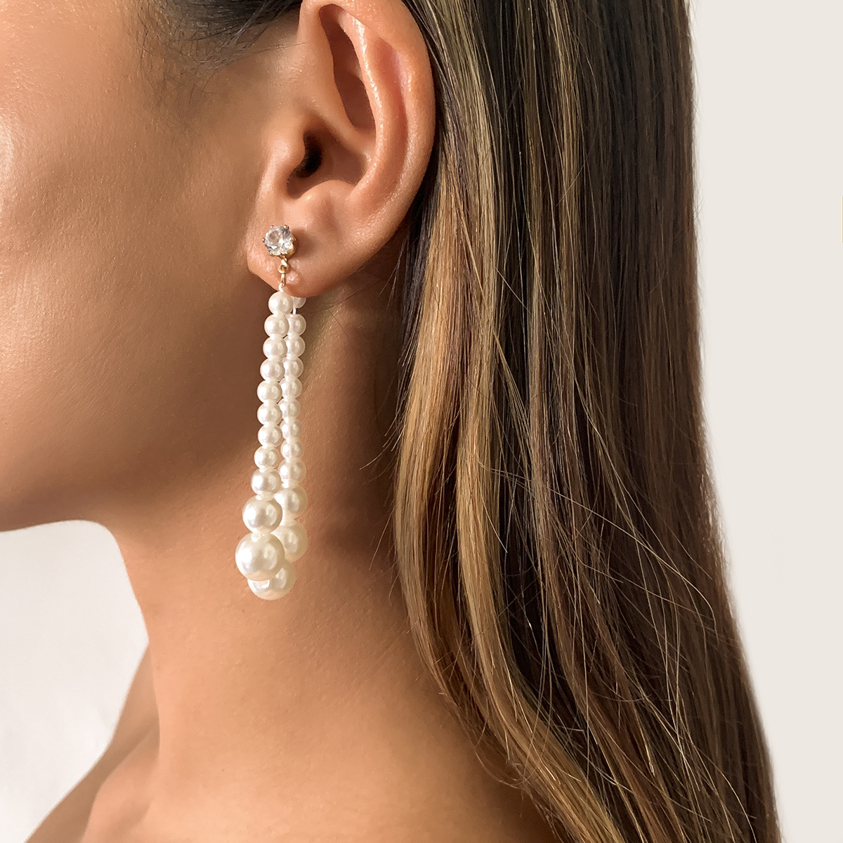 复古简约镶锆石耳钉女 欧美跨境饰品气质冷淡风仿珍珠串珠耳饰