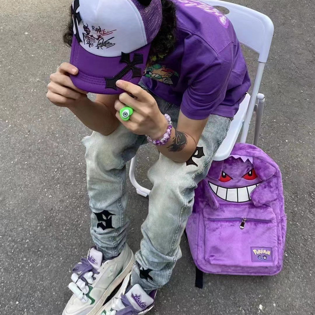 Wlgs hecho en casa Gen fantasma púrpura felpa mochila pareja masculino y femenino estudiante mochila juventud mochila de dibujos animados de gran capacidad