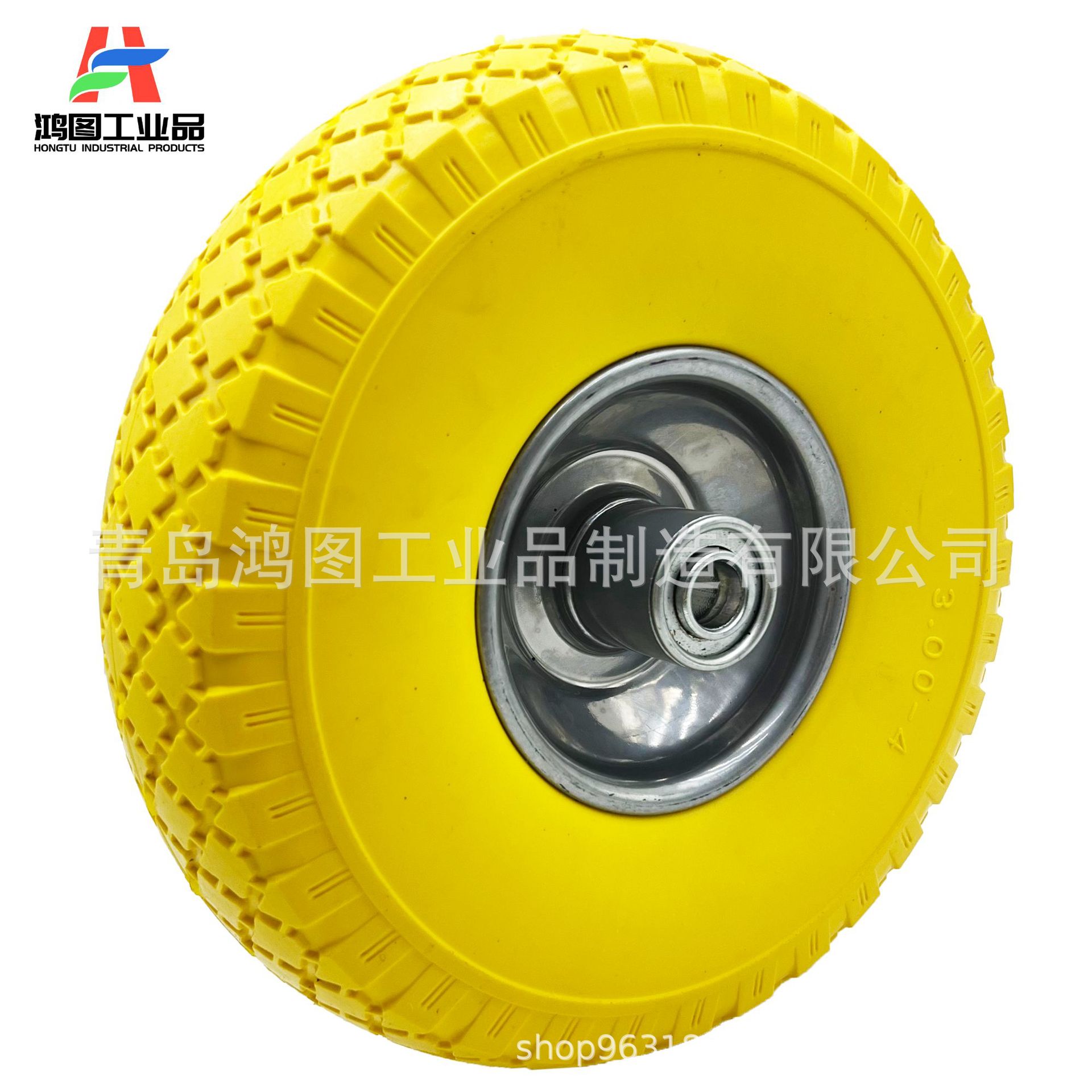 10寸3.00-4聚氨酯PU发泡轮免充气实心轮胎手推车货仓车工具车轮子