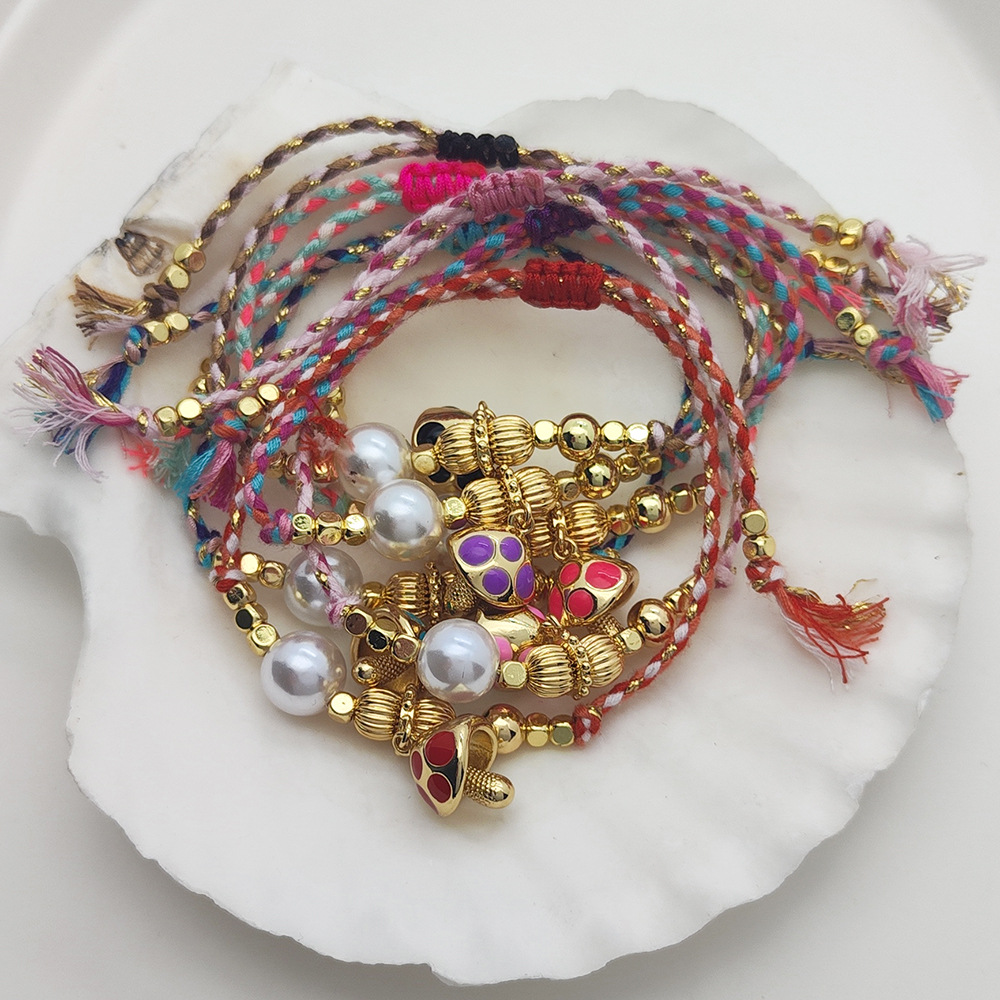 18K Gold Plated Plating Material Casual Mushroom Polyester Copper Knitting 18K Gold Plated Women's Drawstring Bracelets