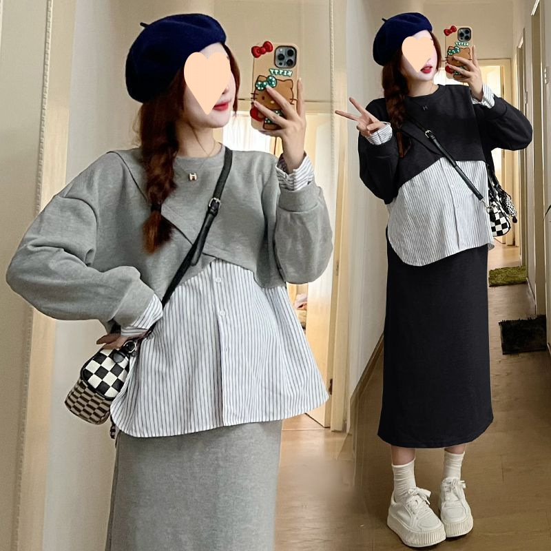 새로운 가을 임산부 정장 한국 스타일 느슨한 큰 사이즈 올매치 가짜 투피스 스플라이싱 스트라이프 상의 임산부 투피스 정장