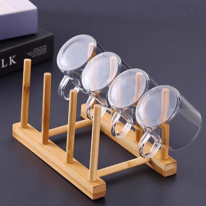 Bamboo Wood Draining Rack Kitchen Water Cup and Saucer Storage Rack Supermarket Cup and Plate Display Rack Storage Rack